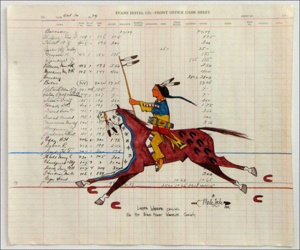 MERLE LOCKE (AMERICAN/LAKOTA, B. 1960) LAKOTA W: MERLE LOCKE (AMERICAN/LAKOTA, B. 1960) LAKOTA WARRIOR CALLING FOR THE BRAVE HEART WARRIOR SOCIETY. Ink on hotel ledger paper, signed and titled lower center; Loose sheet 13.9" x 16.25"