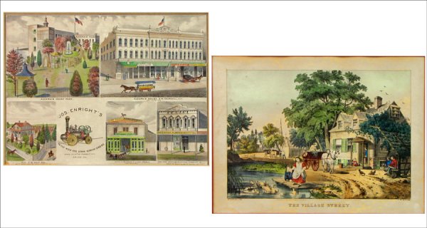 CURRIER & IVES THE VILLAGE STREET.: CURRIER & IVES THE VILLAGE STREET. Colored lithograph (12.6" x 17.1" sight;) Together with a hand colored engraving depicting American Town Scenes (12" x 16" sight)