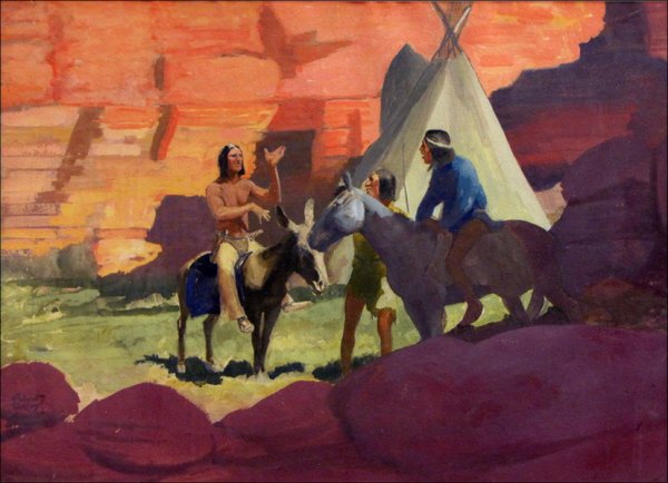 ROBERT WESLEY AMICK (AMERICAN 1879-1969) INDIAN: ROBERT WESLEY AMICK (AMERICAN 1879-1969) INDIANS IN A CANYON. Watercolor on paper, signed lower left "Robert Wesley Amick"; Frame: 35" x 41" 20" x 27"