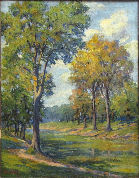 ATTRIBUTED TO PAULINE PALMER (AMERICAN 1867-193: ATTRIBUTED TO PAULINE PALMER (AMERICAN 1867-1938) LANDSCAPE WITH TREES. Oil on canvas, signed lower left "Pauline Palmer"; Frame: 31" x 24.75" 26" x 20"