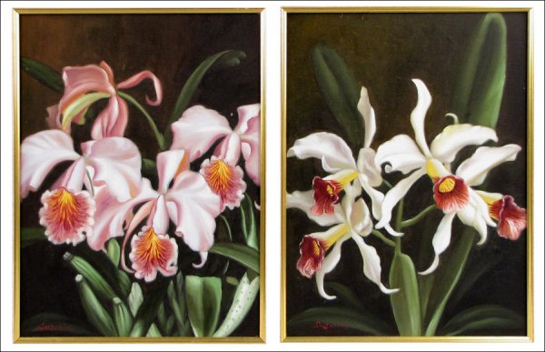 SUZANNE (20TH CENTURY) ORCHIDS (PAIR).: SUZANNE (20TH CENTURY) ORCHIDS (PAIR). Each an oil on canvas, signed lower left "Suzanne" 12" x 16"