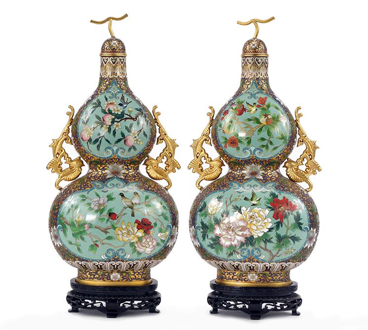 A Pair of Chinese Cloisonne & Champleve Enamel Vases.: A Pair of Chinese Cloisonne & Champleve Enamel Vases. Double gourd form covered vases with four celadon ground cloisonne panels on each vase with polychrome decoration of birds, flowers and fruits. Ch