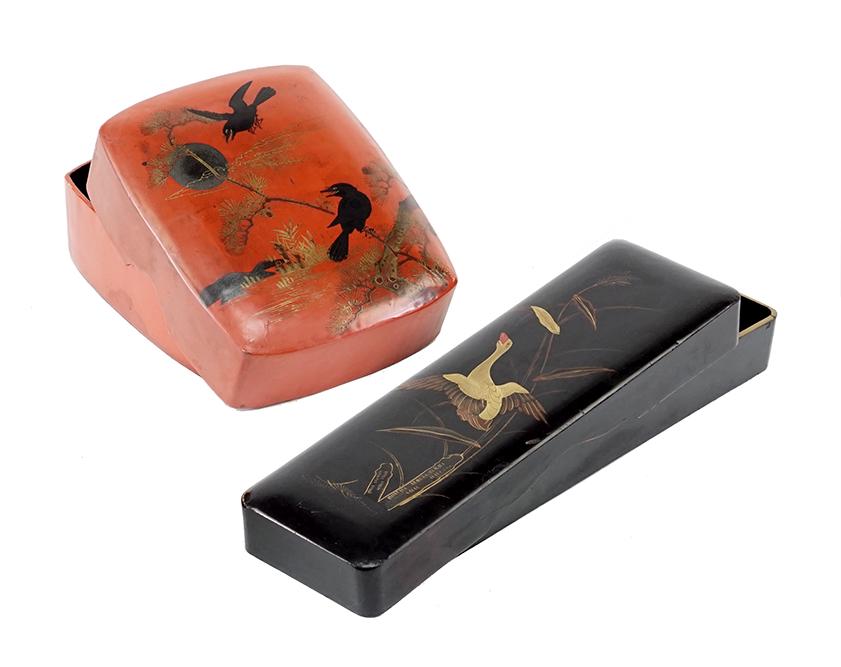 Two Japanese Lacquer Boxes.: Two Japanese Lacquer Boxes. Comprising an oblong box decorated with a gilt flying goose, and the other is a red lacquered box with crows (2" x 5 1/2" x 7") Oblong box: 1 1/2" x 12" x 3"