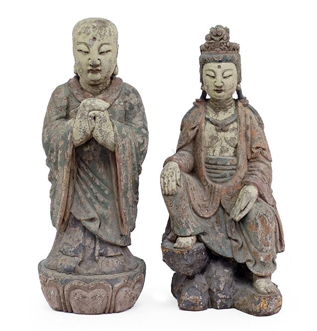 A Carved and Painted Wood Seated Buddha.: A Carved and Painted Wood Seated Buddha. Together with a carved and painted wood standing figure of a monk (Height: 20") Buddha height: 19"