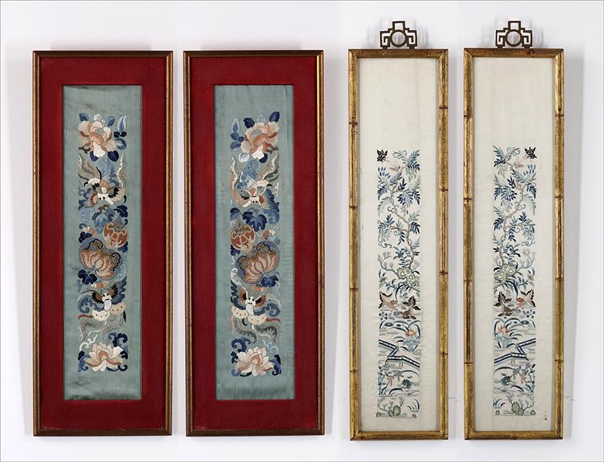 Two Pairs of Chinese Silk Embroidered Sleeve Panels.: Two Pairs of Chinese Silk Embroidered Sleeve Panels. One depicting butterflies and flowers, the other depicting a koi pond and flowering trees Koi pond embroidery: 20" x 3 1/4" Frames: 29" x 7 1/2"