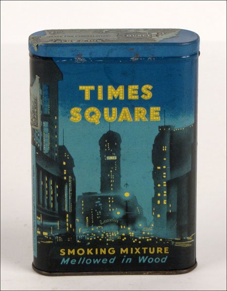 TOBACCO TIN, VERTICAL POCKET, TIMES SQUARE.: TOBACCO TIN, VERTICAL POCKET, TIMES SQUARE.