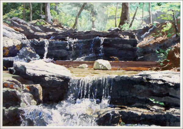 MARY ANN POPE (AMERICAN, B.1932) FOREST WATERFA: MARY ANN POPE (AMERICAN, B.1932) FOREST WATERFALL. Watercolor on paper, signed lower right; Frame: 31" x 41" 21" x 29.50" (sight)