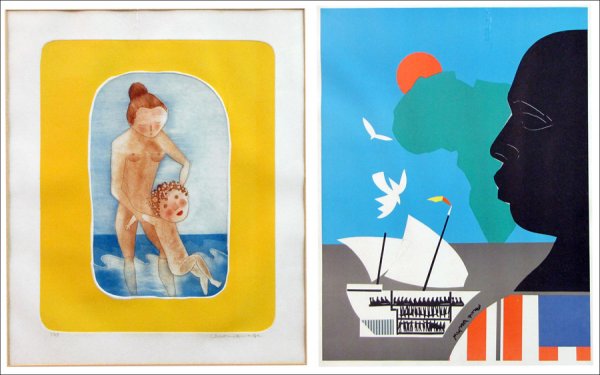 ROMARE BEARDEN FRAMED COLOR LITHOGRAPH.: ROMARE BEARDEN FRAMED COLOR LITHOGRAPH. Signed in plate, unnumbered edtion (24" x 18";) Together with a Chirstine Amarger, Mother and Child, color lithograph, signed and numbered in pencil, edition 1/