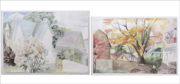 CELIA REISMAN (AMERICAN, 20TH CENTURY) TWO WORK: CELIA REISMAN (AMERICAN, 20TH CENTURY) TWO WORKS: SUBURBAN LANDSCAPES. Each a watercolor on paper, signed lower left and dated 1987 & 1989; 20.25" x 29.75"; 22.25" x 30"