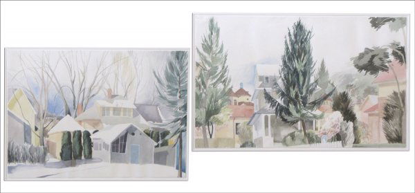 CELIA REISMAN (AMERICAN, 20TH CENTURY) TWO WORK: CELIA REISMAN (AMERICAN, 20TH CENTURY) TWO WORKS: WATERCOLOR LANDSCAPES. House in Winter, 1988 & Evergreen, 1987: Each a watercolor on paper, signed and dated along the lower edge 19.6" x 27.50"; 20"