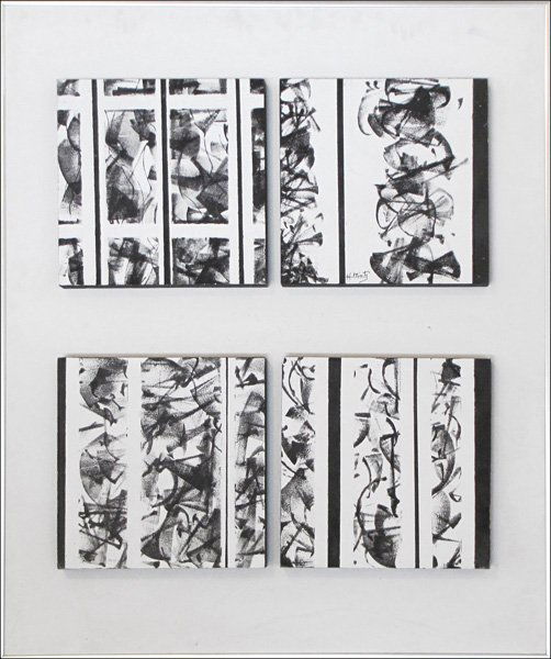 HARRY S. MINTZ (AMERICAN 1907-2002) UNTITLED AB: HARRY S. MINTZ (AMERICAN 1907-2002) UNTITLED ABSTRACT QUADRIPTYCH. Oil on board, signed on one panel lower right "H. Mintz;" Frame: 38" x 32" 11.9" x 11.9" panel