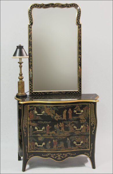 DREXEL CHINOISERIE STYLE PAINTED AND LACQUERED : DREXEL CHINOISERIE STYLE PAINTED AND LACQUERED THREE DRAWER CHEST. Together with a Chinoiserie style lacquered mirror, and a Chinese brass table lamp Chest: 32" x 40" x 16" Mirror: 44" x 25" Lamp: 23"