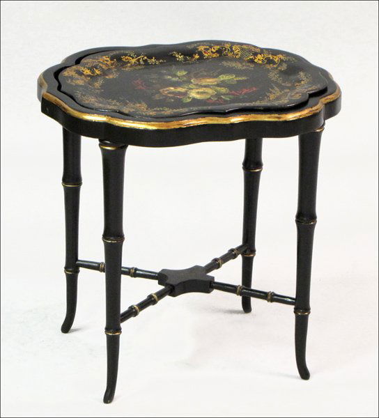 PARCEL GILT EBONIZED WOOD TRAY TABLE.: PARCEL GILT EBONIZED WOOD TRAY TABLE. With removeable painted and gilt papier mache tray H: 19" W: 19" D: 16"