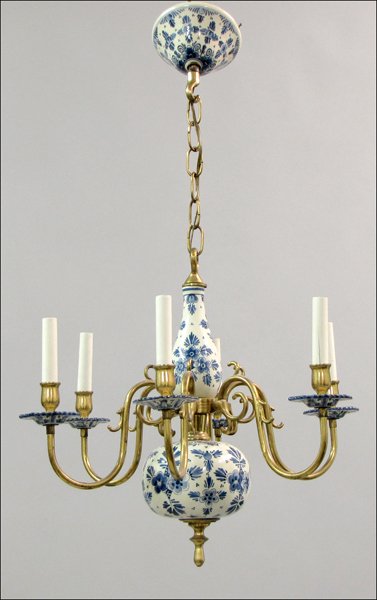 DELFT BLUE AND WHITE PORCELAIN SIX-LIGHT CHANDE: DELFT BLUE AND WHITE PORCELAIN SIX-LIGHT CHANDELIER. 30" x 21"