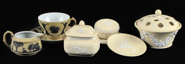 WEDGWOOD JASPERWARE COVERED BOUGH POT.: WEDGWOOD JASPERWARE COVERED BOUGH POT. Together with yellow Wedgwood Jasperware table articles