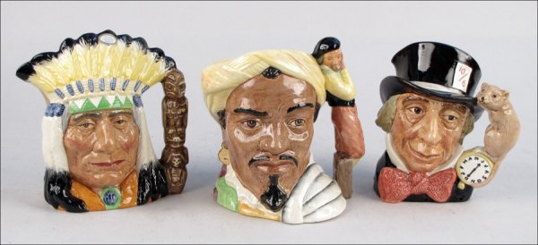 THREE ROYAL DOULTON LARGE TOBY JUGS.: THREE ROYAL DOULTON LARGE TOBY JUGS. Comprised of Othello D6673, North American D6786, and Mad Hatter D6598
