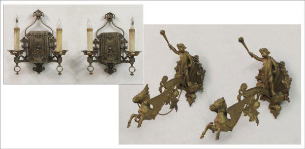 PAIR OF BRONZE FIGURAL WALL BRACKETS.: PAIR OF BRONZE FIGURAL WALL BRACKETS. Together with a pair of Two-Light candle sconces H: 9.25" W: 5" D: 9.50"