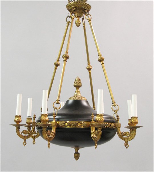 REGENCY STYLE GILT METAL HANGING LIGHT FIXTURE.: REGENCY STYLE GILT METAL HANGING LIGHT FIXTURE. H:36"