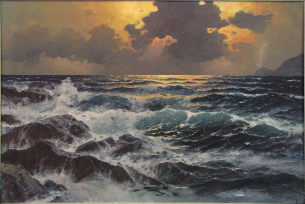 ALEXANDER DZIGURSKI (AMERICAN 1911-1995) CRASHI: ALEXANDER DZIGURSKI (AMERICAN 1911-1995) CRASHING WAVES AT SUNSET. Oil on canvas, signed lower right; Frame: 31.25' x 43.25" 24" x 36"