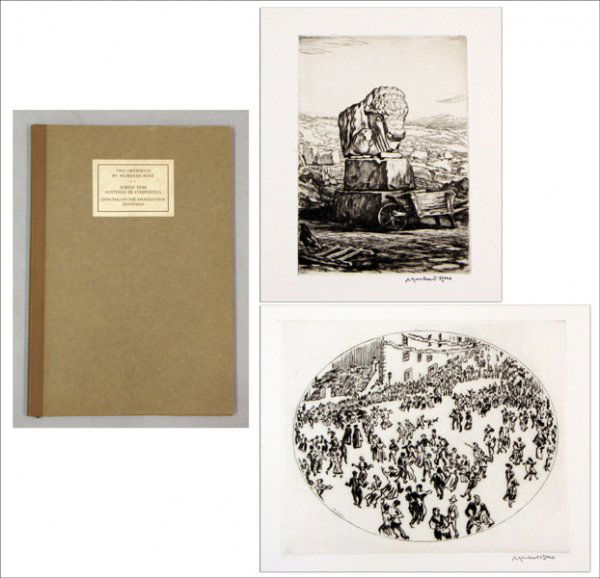SIR DAVID MUIRHEAD BONE (BRITISH 1876-1953) TWO: SIR DAVID MUIRHEAD BONE (BRITISH 1876-1953) TWO DRYPOINTS - PORTFOLIO. Jubilee Year, Santiago de Compostela & Dancing on the Apostle's Day Santiago: Each a drypoint on wove paper, signed in pencil; Co