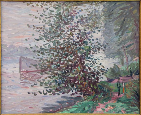 EMILE SABOURAUD (FRENCH 1900-1996) LA SEINE A S: EMILE SABOURAUD (FRENCH 1900-1996) LA SEINE A SURESNES. Oil on canvas, signed lower right; Signed and titled on the stretcher; Frame: 33.50' x 38.75" 25.50" x 31.75"