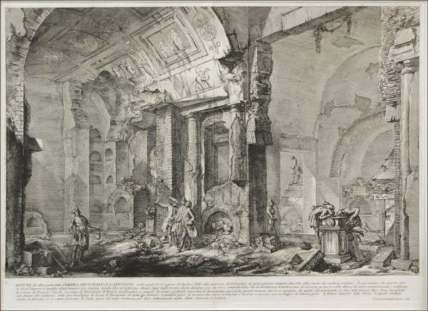 GIOVANNI BATTISTA PIRANESI (1720-1778) VEDUTA D: GIOVANNI BATTISTA PIRANESI (1720-1778) VEDUTA DI ALTRA PARTE DELLA CAMERA SEPOLCRALE DI L.ARRUNZIO. Etching with engraving on laid paper, Fleur-de-lis in a double circle watermark; Matted, unframed 21