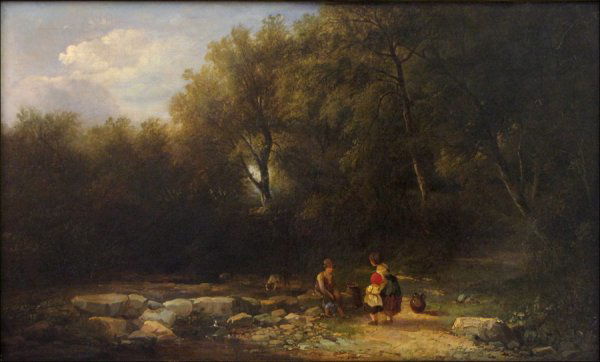 EDWARD CHARLES WILLIAMS (ENGLISH 1807-1881) CHI: EDWARD CHARLES WILLIAMS (ENGLISH 1807-1881) CHILDEREN AT A FOREST STREAM. Oil on canvas, signed with initials lower left; Label verso: Printed "NM," written in ink "69229, E.C. Williams;" Paper label