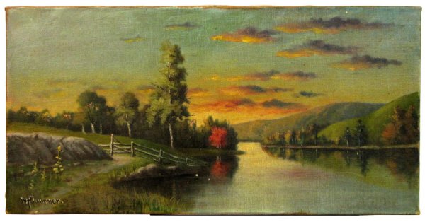 WILLIS HENRY PLUMMER (AMERICAN, B. 1838) RIVER : WILLIS HENRY PLUMMER (AMERICAN, B. 1838) RIVER LANDSCAPE AT DUSK. Oil on canvas, signed lower left "W. Plummer;" Unframed 9" x 18"