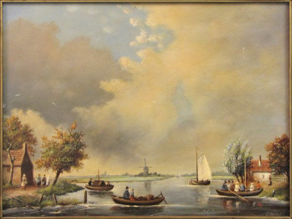 DUTCH SCHOOL (19TH CENTURY) RIVER SCENE WITH BO: DUTCH SCHOOL (19TH CENTURY) RIVER SCENE WITH BOATS AND FIGURES. Oil on wood panel, signed illegibly lower right; Frame: 14" x 17" 9.50" x 12.50"