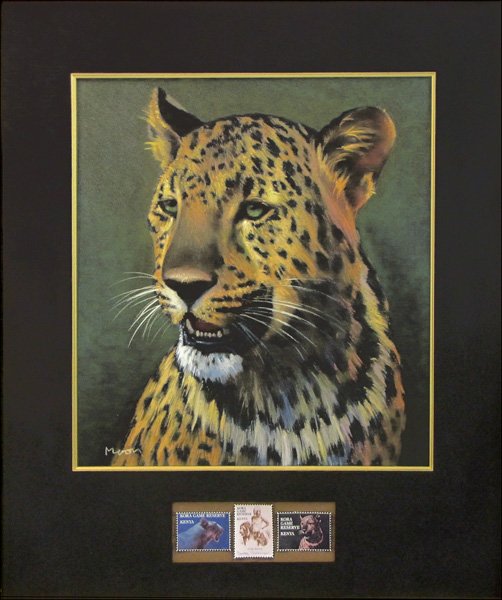 ARTIST UNKNOWN (20TH CENTURY) LEOPARD.: ARTIST UNKNOWN (20TH CENTURY) LEOPARD. Pastel, signed illegibly lower left; Framed with three oversized stamps, one of which is based upon the drawing; Frame: 37" x 31.50" 22" x 19" (sight)