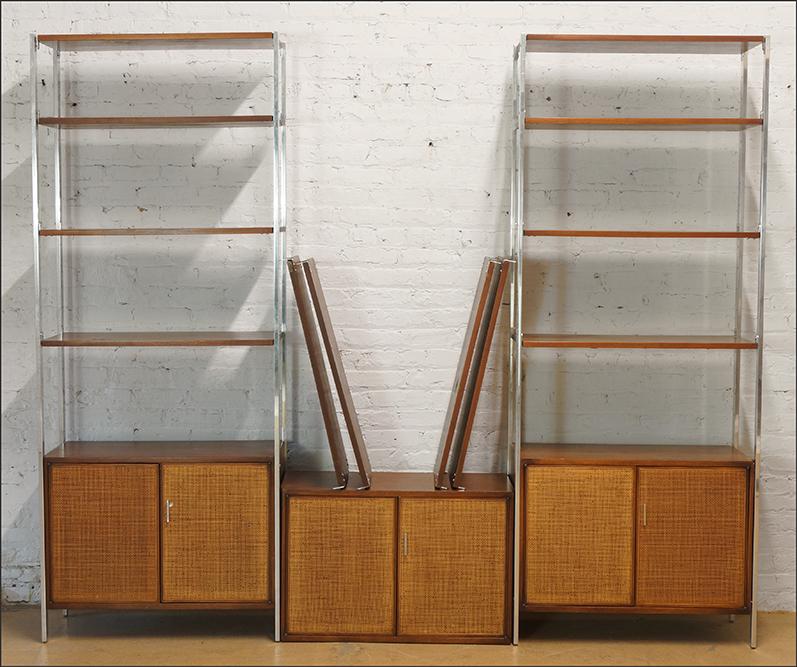 A Jack Cartwright for Founders Wall Unit.: A Jack Cartwright for Founders Wall Unit. Three section standing wall unit with chrome supports, shelving and three storage cabinets One unit: 82 3/4" x 33" x 15 3/4"