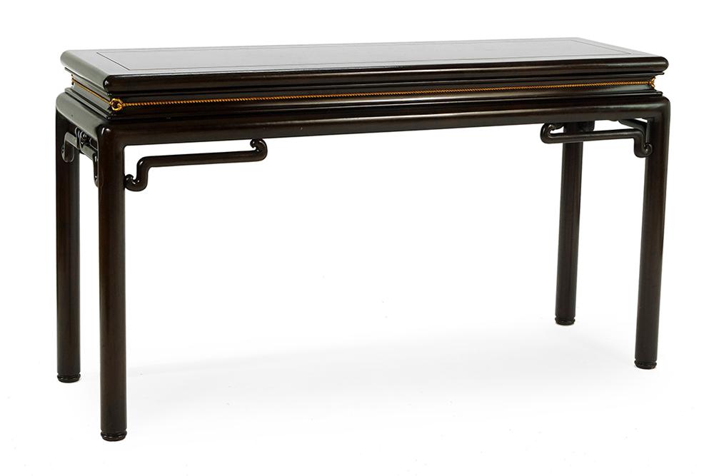 A Baker Console Table.: A Baker Console Table. Asian style wood console table, bearing maker's label 31 1/2" x 54" x 16"