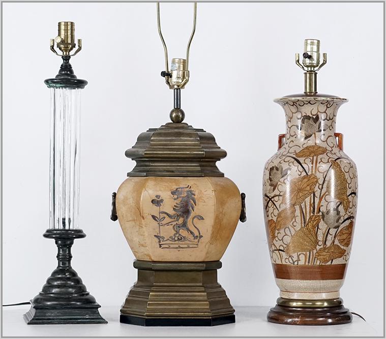 A Chapman Leather and Brass Table Lamp.: A Chapman Leather and Brass Table Lamp. Together with a Frederick Cooper crackle glazed ceramic table lamp and a Wildwood glass and metal columnar table lamp Chapman height to socket: 21"