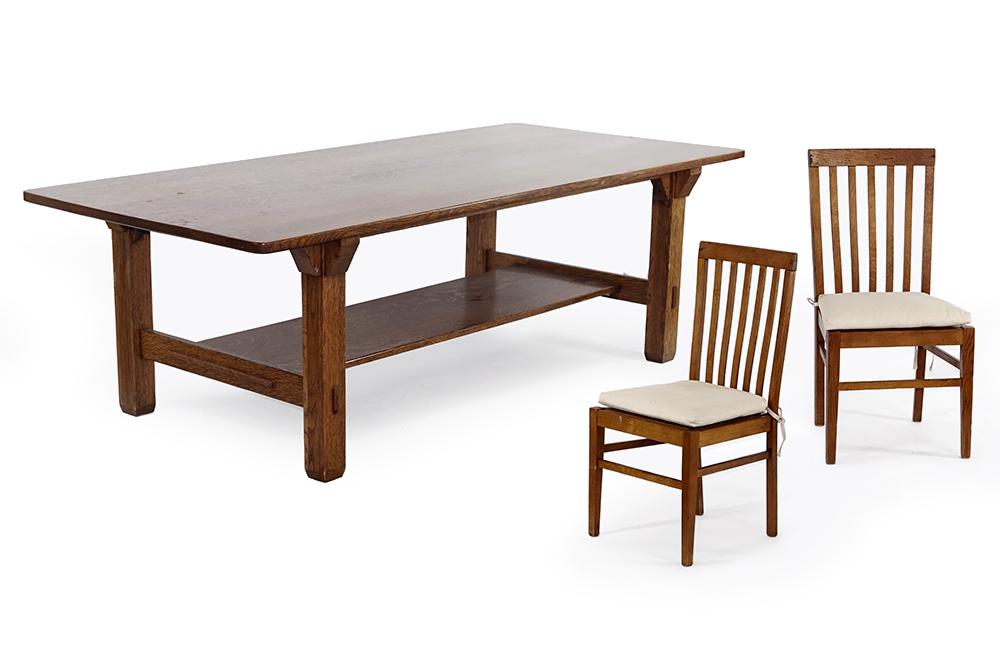 An Arts & Crafts Style Oak Dining Table.: An Arts & Crafts Style Oak Dining Table. Together with a set of eight Arts & Crafts style oak side chairs (back height: 39 1/2") Table: 30 1/2" x 96 1/2" x 44"
