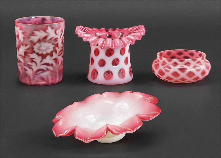 A Group of Victorian Cranberry Opalescent Glass.: A Group of Victorian Cranberry Opalescent Glass. Consisting of a cranberry opalescent coinspot hat, a cranberry opalescent fern and daisy tumbler, a diamond opalescent small jar and a cased petal smal