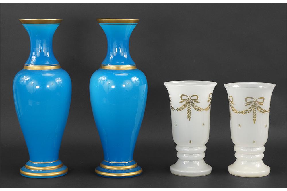 A Pair of Blue Opaline Vases.: A Pair of Blue Opaline Vases. Featuring a pair of large gold gilt and blue opaline vases. Together with a pair of white opaque and gold decorated Czechoslovakian vases Blue Opaline Height: 16"
