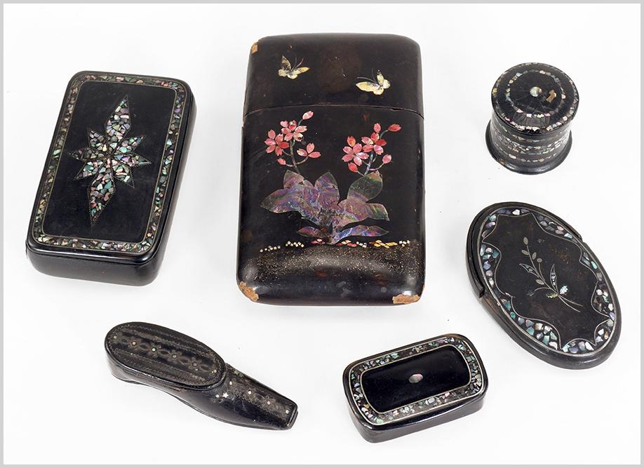 Victorian Papier Mache and Mother of Pearl Boxes and: Victorian Papier Mache and Mother of Pearl Boxes and Cigar Case. Consisting of six papier mache decorative items. Including two small boxes, a round patch box, a snuff bottle shoe, a longerette and ca