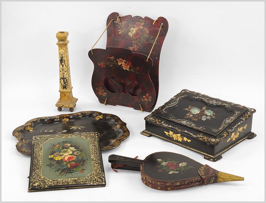 Victorian Papier Mache and Mother of Pearl Inlaid Lap: Victorian Papier Mache and Mother of Pearl Inlaid Lap Desk. Featuring a papier mache and inlaid mother of pearl lap desk, missing the inkwell. Together with a hanging letter holder, a separated folio,