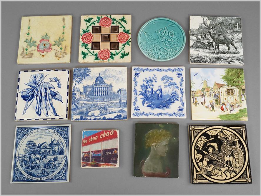 Nine Various Decorative Tiles.: Nine Various Decorative Tiles. Featuring tiles from Spode, Minton, Japan, Mettlach, Holland and several unmarked. Together with a round blue tile of a boy catching butterflies, a painted tile of a chi