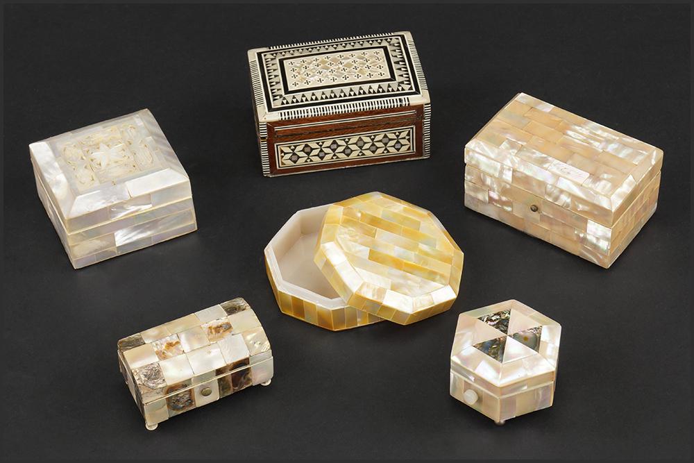Six Mother of Pearl and Inlad Abalone Dresser Boxes.: Six Mother of Pearl and Inlad Abalone Dresser Boxes. Consisting of six various dresser boxes with mother of pearl and abalone surrounding each box Average: 4" x 2 1/2" x 1 3/4"