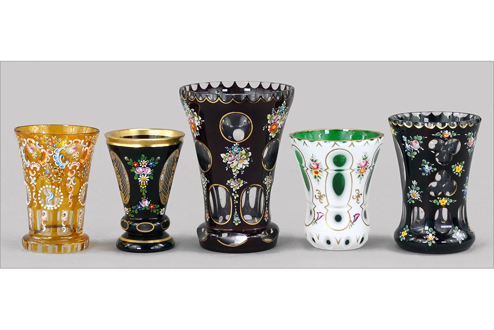 Five Bohemian Cut to Clear Enamel Vases.: Five Bohemian Cut to Clear Enamel Vases. Consisting of three red floral enamel cut-to-clear vases. Together with a green enamel and gold enamel cut-to-clear vases Largest Vase: 6 3/4" x 4 3/4"