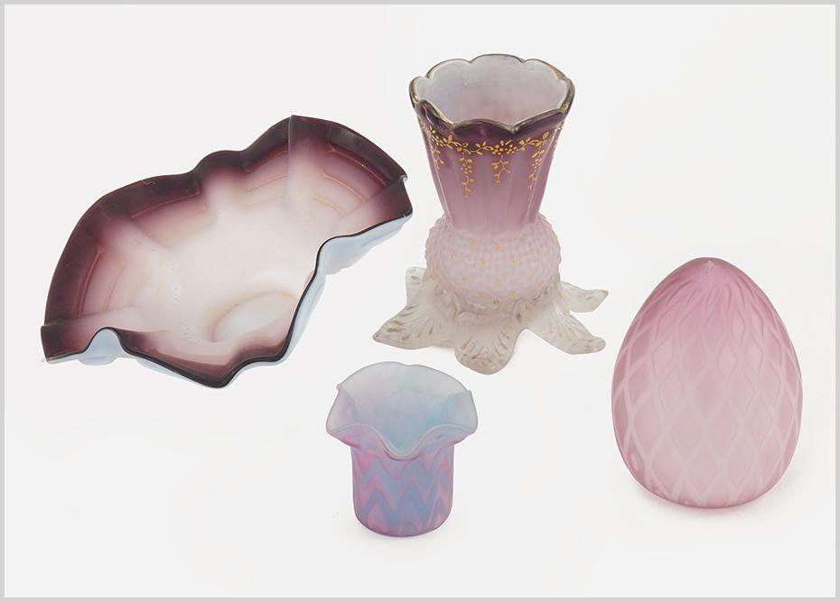 Diamond Quilted and Cased Amethyst Glass.: Diamond Quilted and Cased Amethyst Glass. Consisting of a Victorian diamond quilted and gold gilt small vase, a zig-zag ruffled edge toothpick holder, a cased small plate. Together with an amethyst Ve