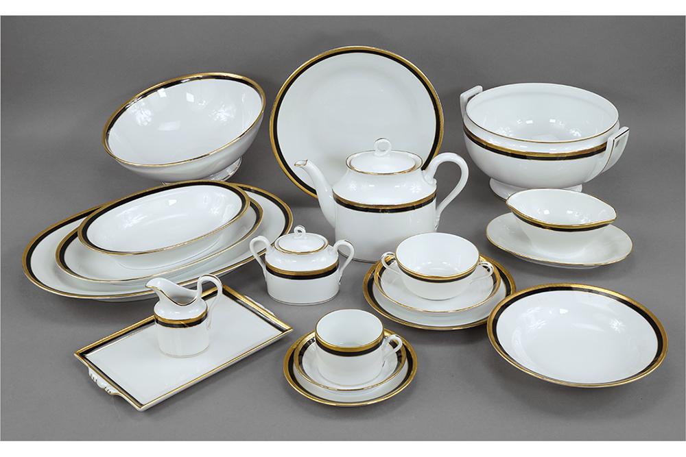 A Ginori Porcelain Dinner Service.: A Ginori Porcelain Dinner Service. Palermo Black pattern. Comprising 35 dinner plates, 30 salad plates, 31 bread plates, 30 fruit bowls, two rim soup bowls, twelve bouillon cups with saucers, 30 flat 
