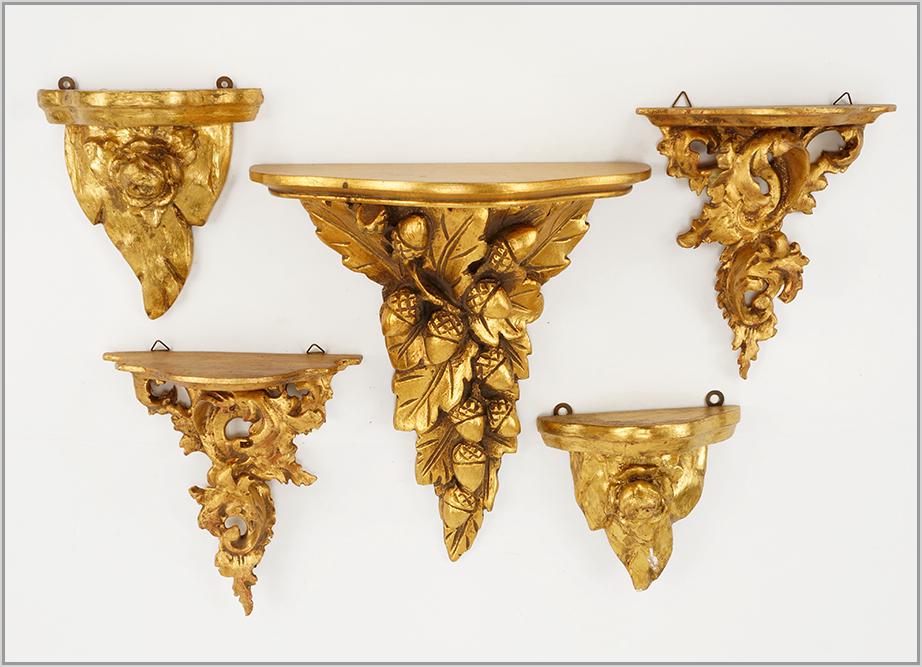 Two Pairs of Giltwood Wall Brackets.: Two Pairs of Giltwood Wall Brackets. Together with a single giltwood wall bracket depicting acorns and oak leaves (12" x 10" x 5") Larger pair: 7 1/4" x 6 3/4" x 3 3/4"
