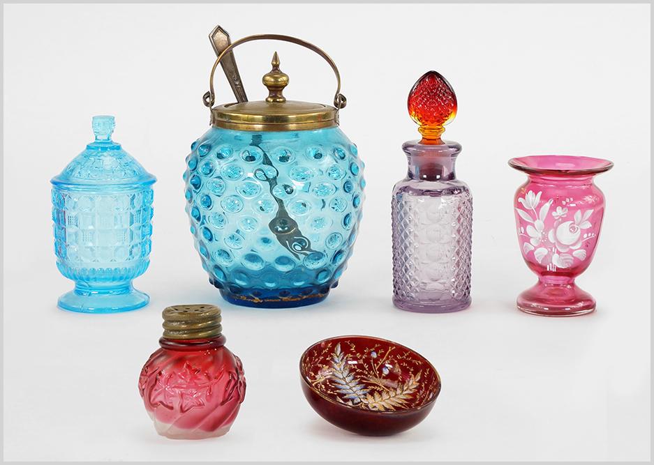 A Group of Assorted Glass Items.: A Group of Assorted Glass Items. Consisting of a blue hob nail pickle jar, a Northwood Royal Ivy shaker, a waffle block pattern covered jar, a amethyst and amber glass perfume bottle and two pieces of