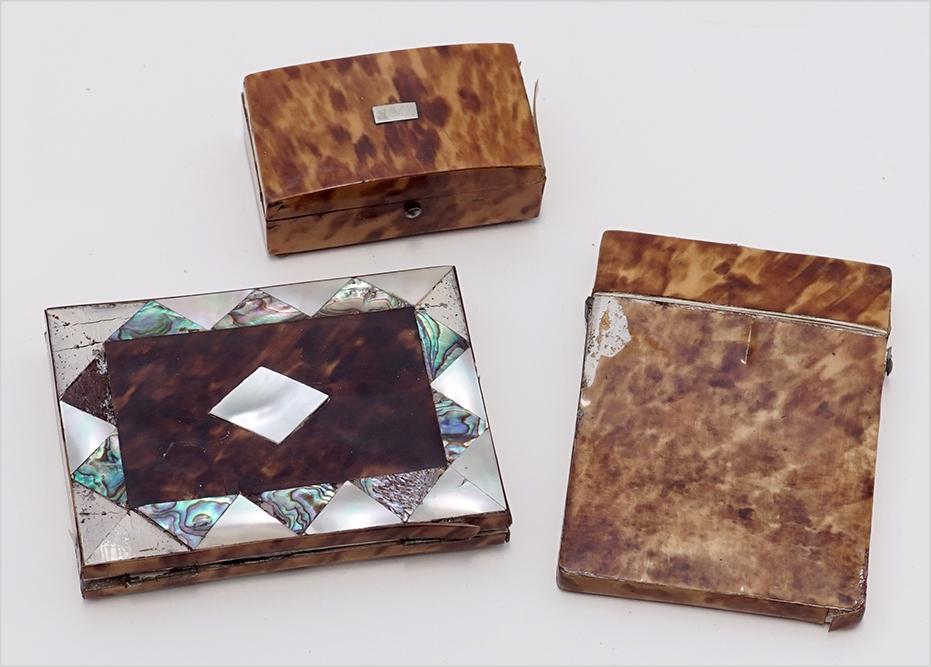 A Tortoise Shell Veneer Box.: A Tortoise Shell Veneer Box. Together with a tortoise shell veneer card case and a tortoise shell veneer, abalone and mother-of-pearl decorated card case (5 1/2" x 3 1/8") Box: 1" x 3" x 1 1/2"