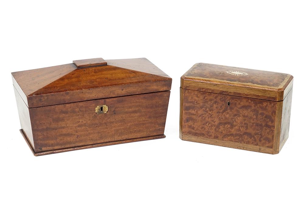 Burled Wood Cigar Box and Mahogany Humidor.: Burled Wood Cigar Box and Mahogany Humidor. Featuring a burled wood with inlaid mother of pearl cigar case. Together with a mahogany double lidded inserts Humidor: 6 1/2" x 12 1/2" x 7 1/2"
