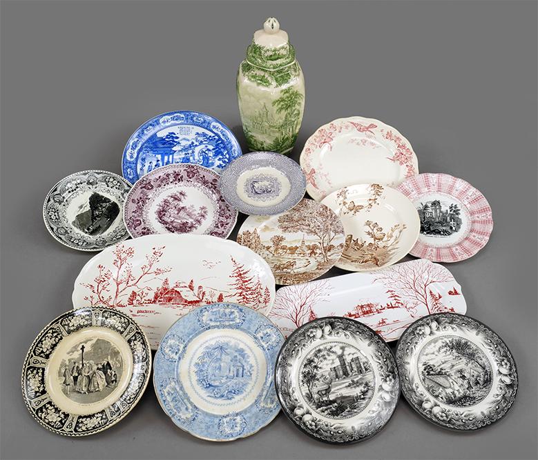 A Collection of English Transferware.: A Collection of English Transferware. Consisting of twelve various transferware plates and a covered vase. Together with two pieces of contemporary red transferware Average: 9"