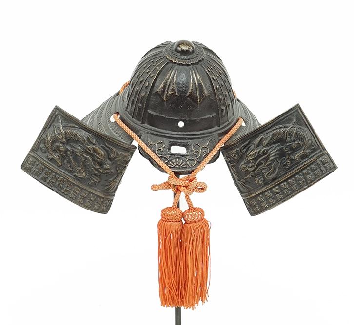A Japanese Bronze Samurai Helmet.: A Japanese Bronze Samurai Helmet. 5 3/4" x 12" x 9"