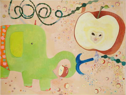 Chinatsu Ban (Japanese, B. 1973) Untitled.: Chinatsu Ban (Japanese, B. 1973) Untitled. Acrylic on canvas, signed en verso, and with the artist's chop and elephant symbol, unframed 76 1/2" x 102"